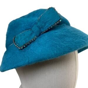 Vintage Teal Faux Fur Cloche Hat Rhinestone Bow 1960s Mod Style